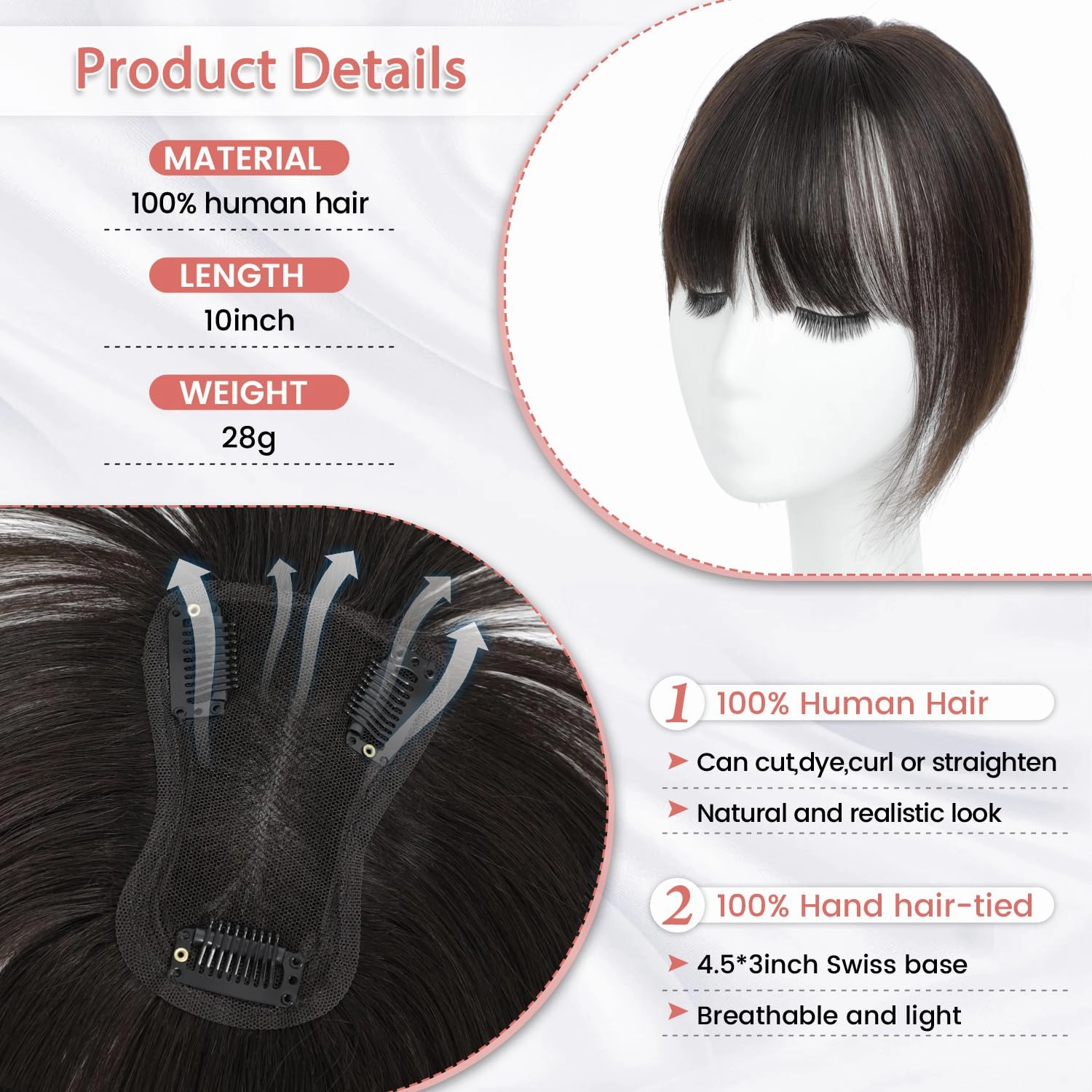 YAMI Hair Toppers for Women Real Human Hair Toppers for Women with Thinning Hair Topper with Bangs Hair Toppers for Women Hair Pieces for Women (Dark Brown)