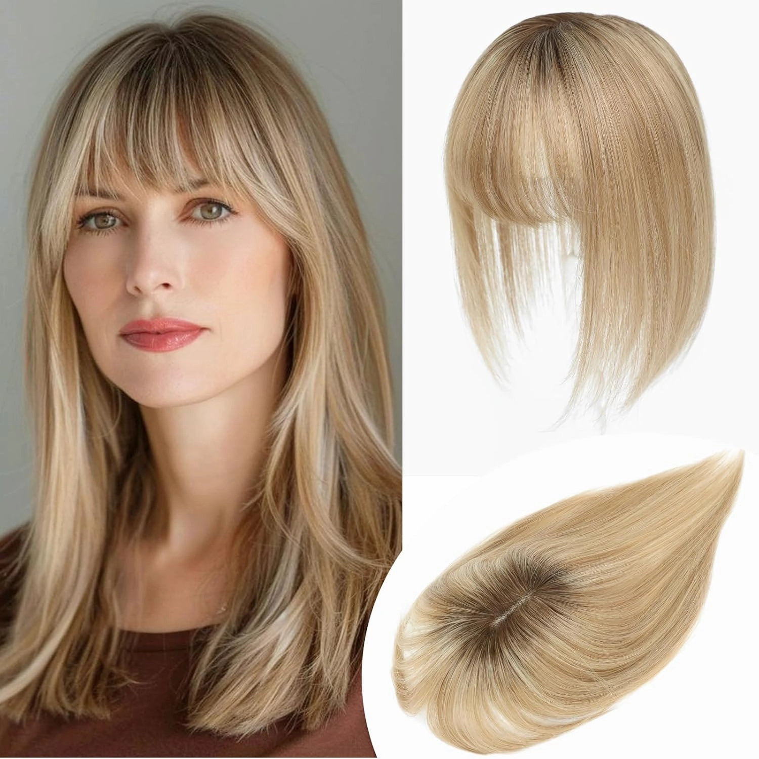 YAMI Hair Toppers for Women Real Human Hair Toppers for Women with Thinning Hair Topper with Bangs Hair Toppers for Women Hair Pieces for Women (Honey Blonde with Dark Brown Root)