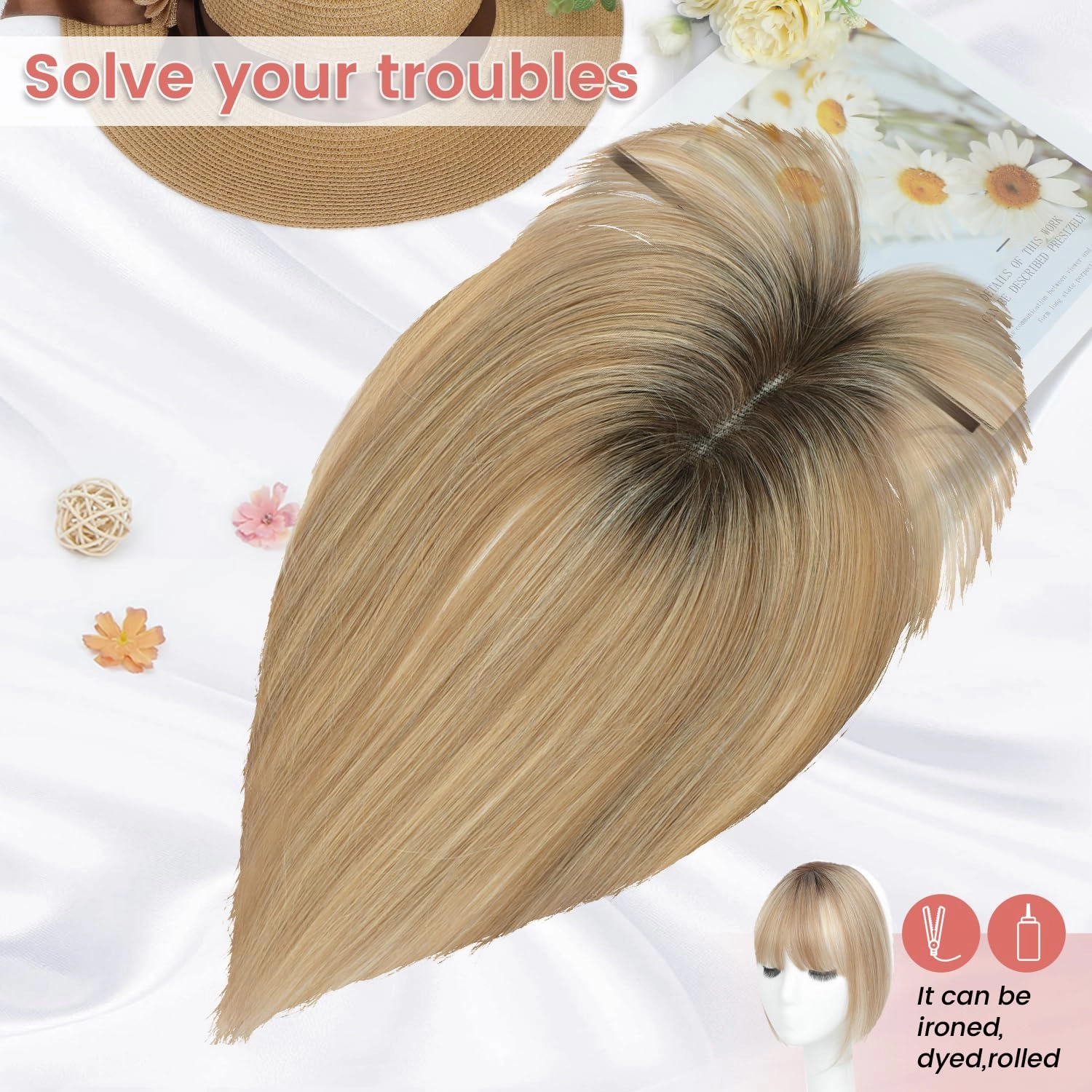 YAMI Hair Toppers for Women Real Human Hair Toppers for Women with Thinning Hair Topper with Bangs Hair Toppers for Women Hair Pieces for Women (Honey Blonde with Dark Brown Root)