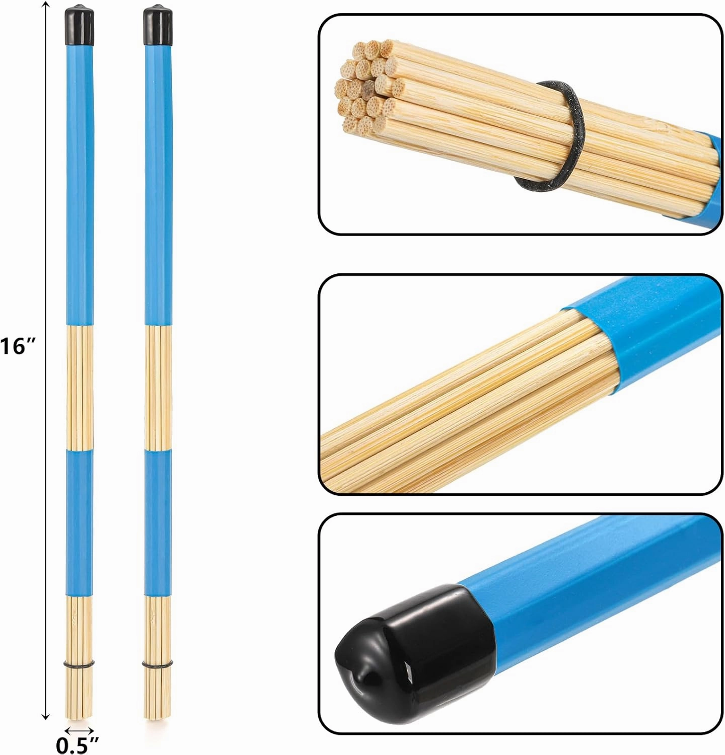 YOUEON 3 Pair 16 Inch Bamboo Hot Rods Drumsticks, 5A Jazz Drum Sticks Constructed of 19 Bamboo Dowels, Rods Drum Brushes for Jazz, Folk, Small Venue and Acoustic Performance