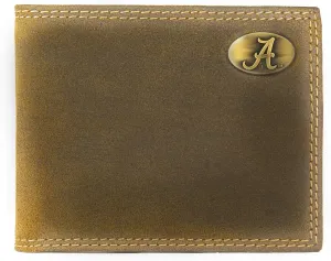 ZEP-PRO NCAA Alabama Crimson Tide Vintage Tan Leather Bifold Wallet, Slim Stylish for Men