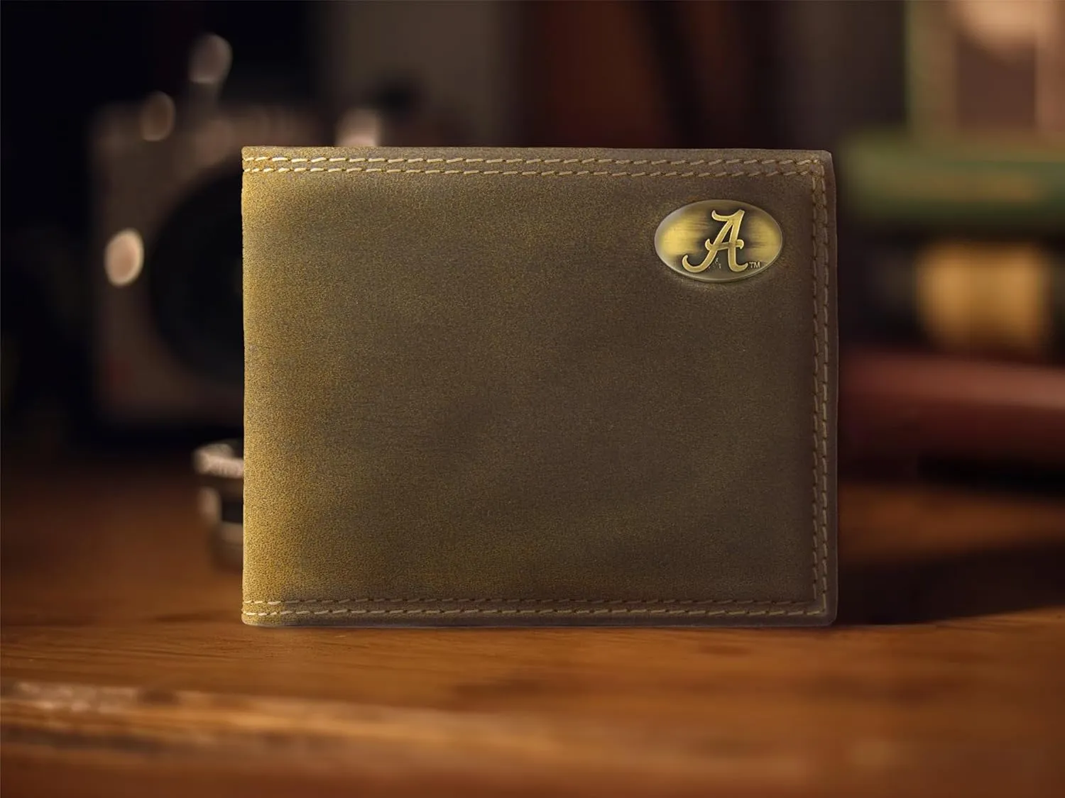 ZEP-PRO NCAA Alabama Crimson Tide Vintage Tan Leather Bifold Wallet, Slim Stylish for Men