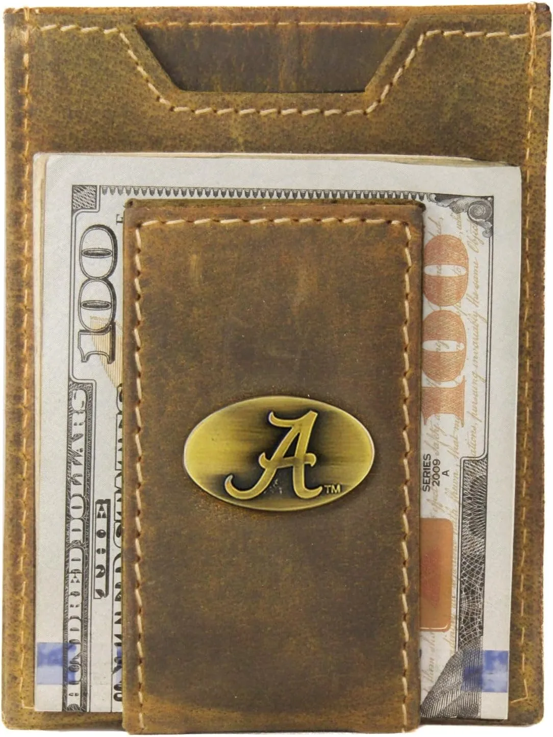 ZEP-PRO NCAA Alabama Crimson Tide Vintage Tan Leather Magnetic Front Pocket Wallet, Slim Stylish for Men