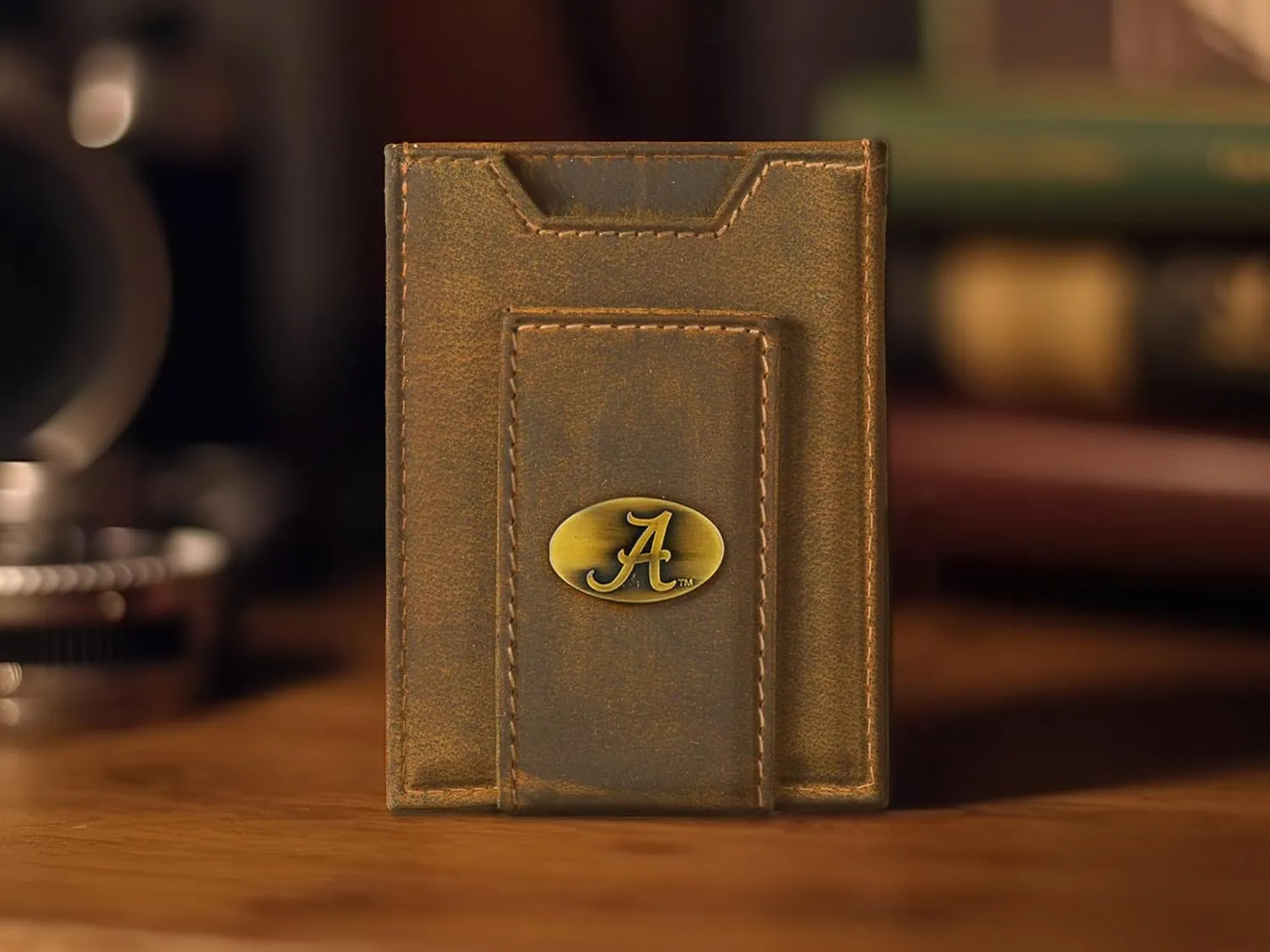 ZEP-PRO NCAA Alabama Crimson Tide Vintage Tan Leather Magnetic Front Pocket Wallet, Slim Stylish for Men