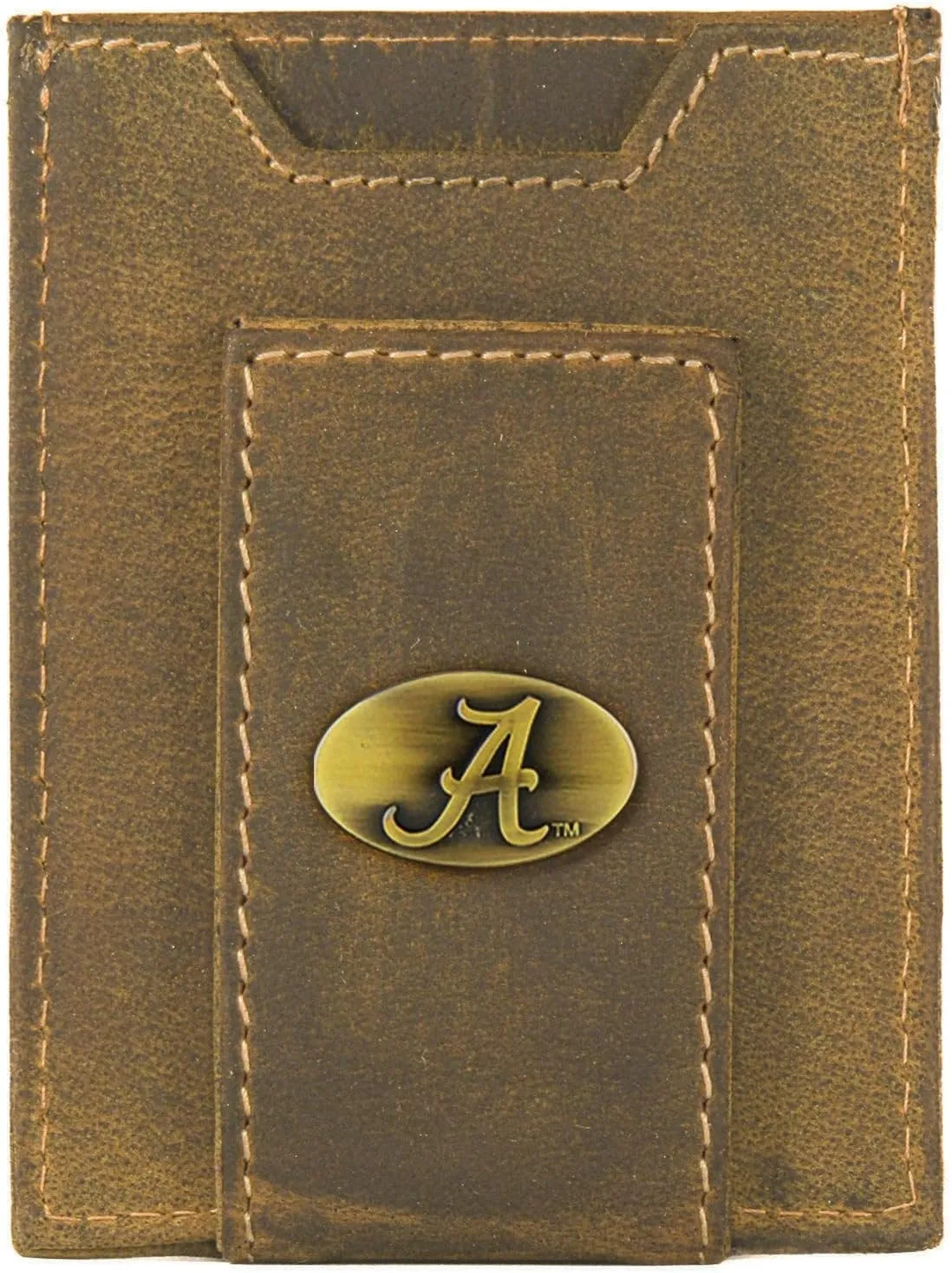 ZEP-PRO NCAA Alabama Crimson Tide Vintage Tan Leather Magnetic Front Pocket Wallet, Slim Stylish for Men