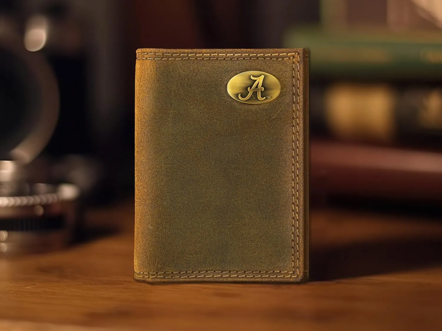 ZEP-PRO NCAA Alabama Crimson Tide Vintage Tan Leather Trifold Wallet, Slim Stylish for Men