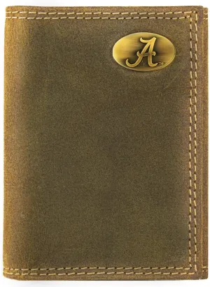 ZEP-PRO NCAA Alabama Crimson Tide Vintage Tan Leather Trifold Wallet, Slim Stylish for Men