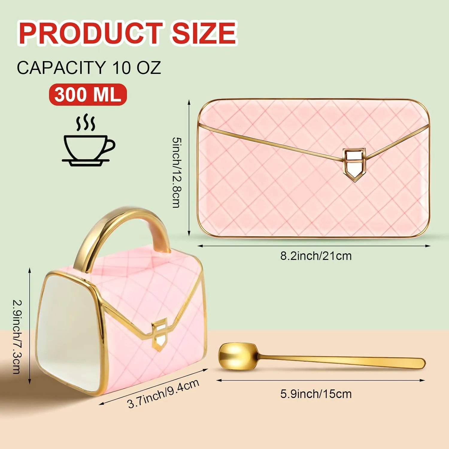 Zubebe 1 Set Coffee Mug Elegant Handbag Shaped Cup Modern Ceramic Purse Mug with Spoon and Saucer, 10oz Cute Creative Tea Cup for Office Home Mother's Day Woman Gift (Pink)