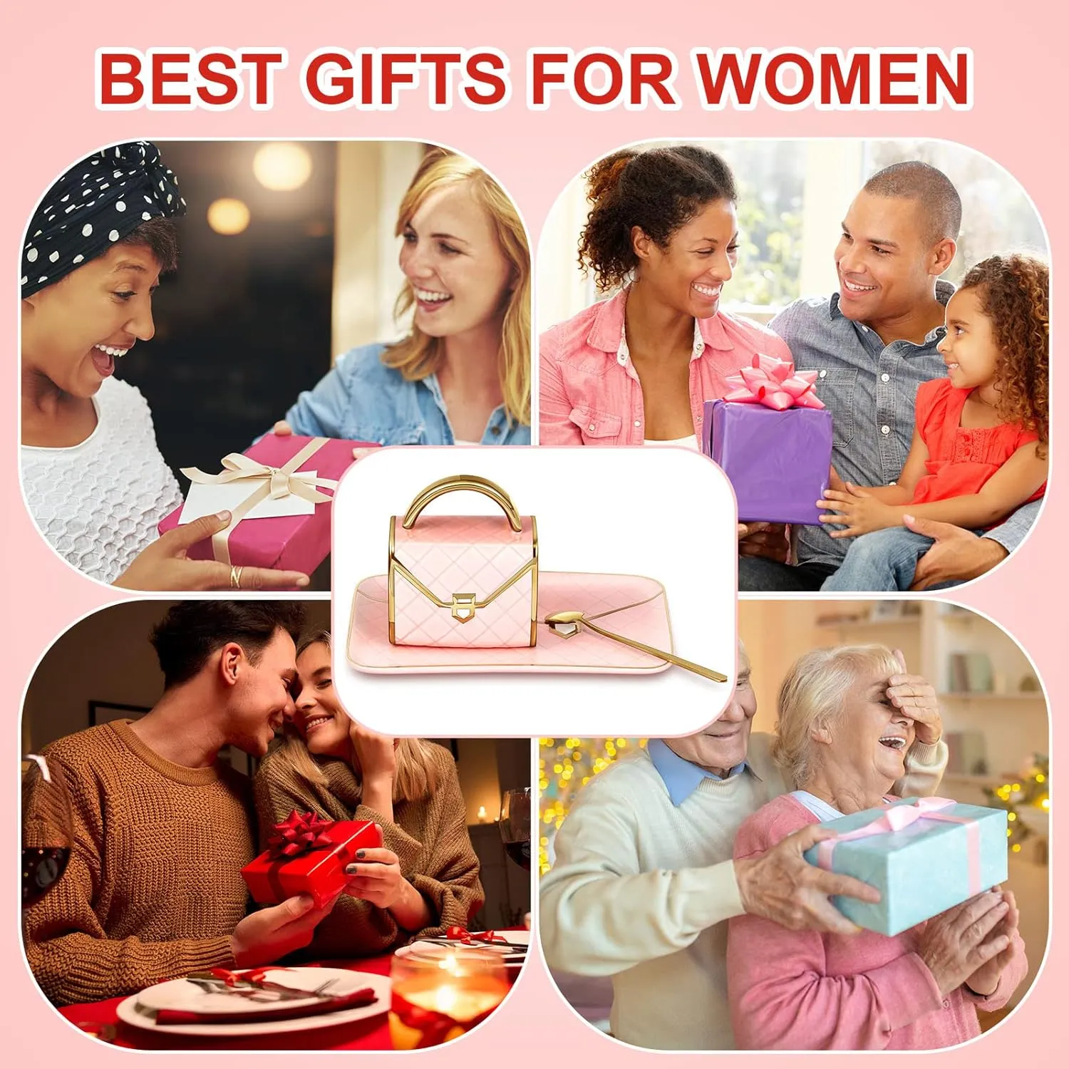 Zubebe 1 Set Coffee Mug Elegant Handbag Shaped Cup Modern Ceramic Purse Mug with Spoon and Saucer, 10oz Cute Creative Tea Cup for Office Home Mother's Day Woman Gift (Pink)