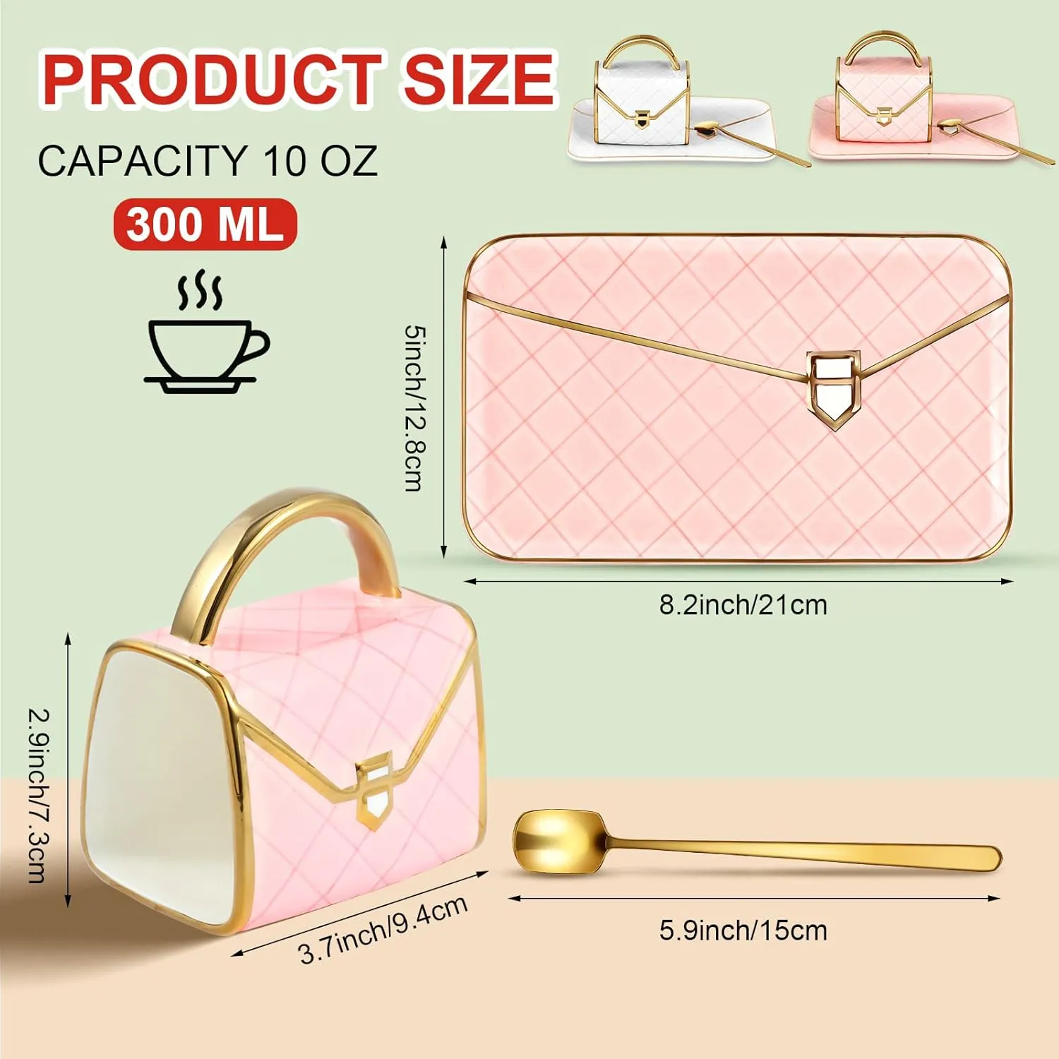 Zubebe 2 Sets Coffee Mug Elegant Handbag Shaped Cup Modern Ceramic Purse Mug with Spoon and Saucer, 10oz Cute Creative Tea Cup for Office Home Mother's Day Woman Gift (Pink and White)
