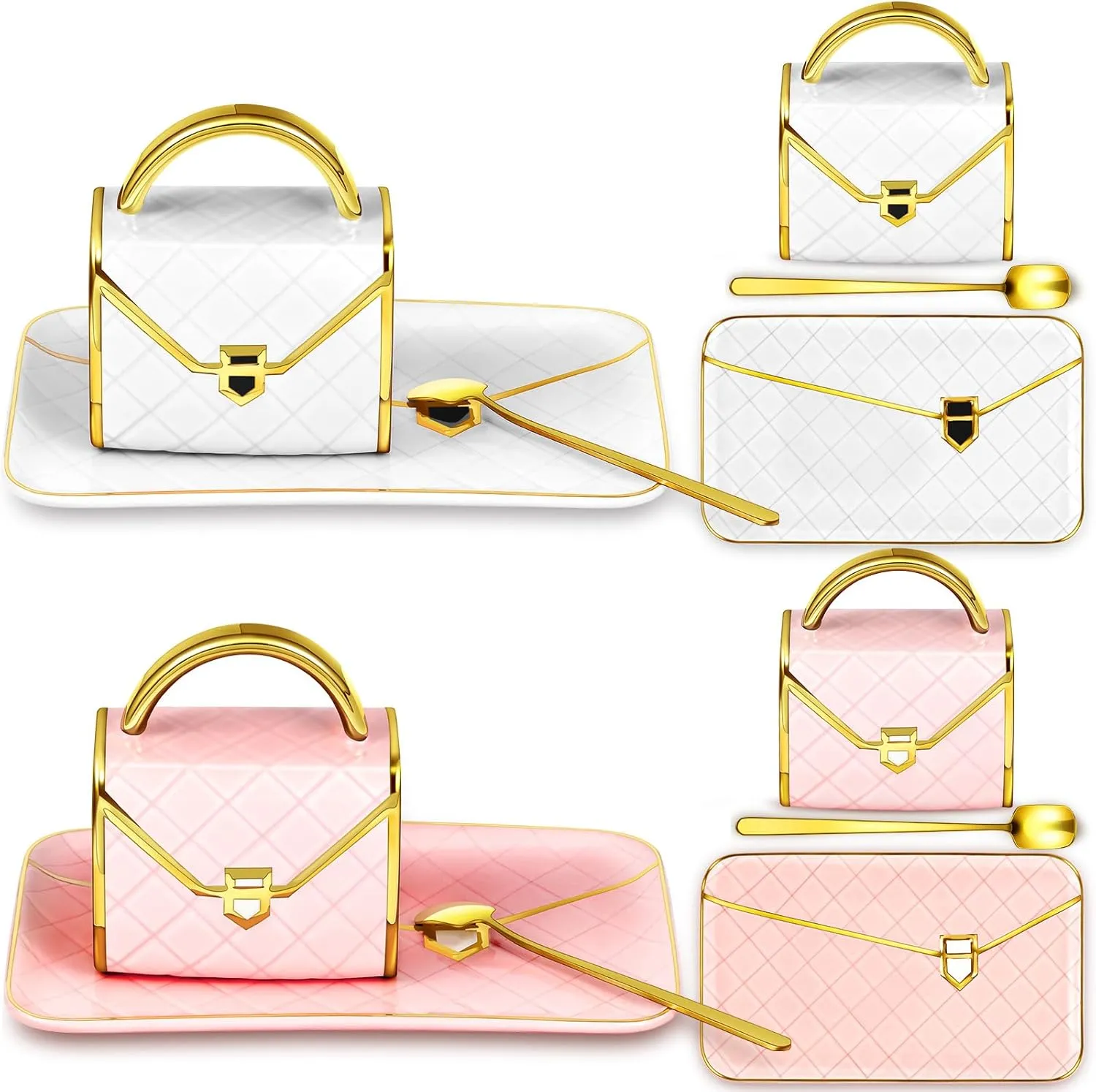 Zubebe 2 Sets Coffee Mug Elegant Handbag Shaped Cup Modern Ceramic Purse Mug with Spoon and Saucer, 10oz Cute Creative Tea Cup for Office Home Mother's Day Woman Gift (Pink and White)