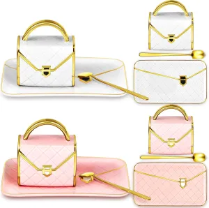 Zubebe 2 Sets Coffee Mug Elegant Handbag Shaped Cup Modern Ceramic Purse Mug with Spoon and Saucer, 10oz Cute Creative Tea Cup for Office Home Mother's Day Woman Gift (Pink and White)